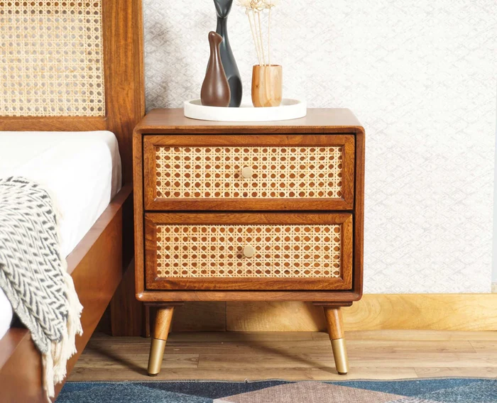 Vodrohome Solid wood rattan bedside table - two drawers bed side end table night stand 45x35x50 cm S#020