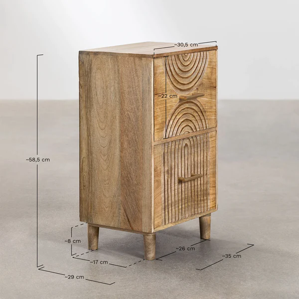 Vodrohome solid mango wood bedside table with boho style natural finish with two boxy drawers 51x38x70 cm S#027 - vodrohome