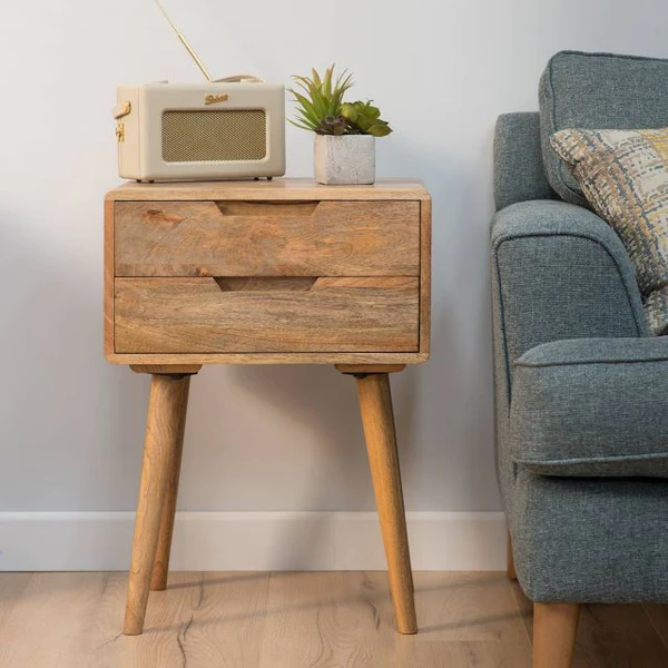 Vodrohome Solid mango wood bedside table with tapered legs - 2 drawers night stand end table 47x35x61 cm S#028 - vodrohome