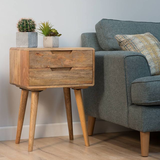 Vodrohome Solid mango wood bedside table with tapered legs - 2 drawers night stand end table 47x35x61 cm S#028 - vodrohome