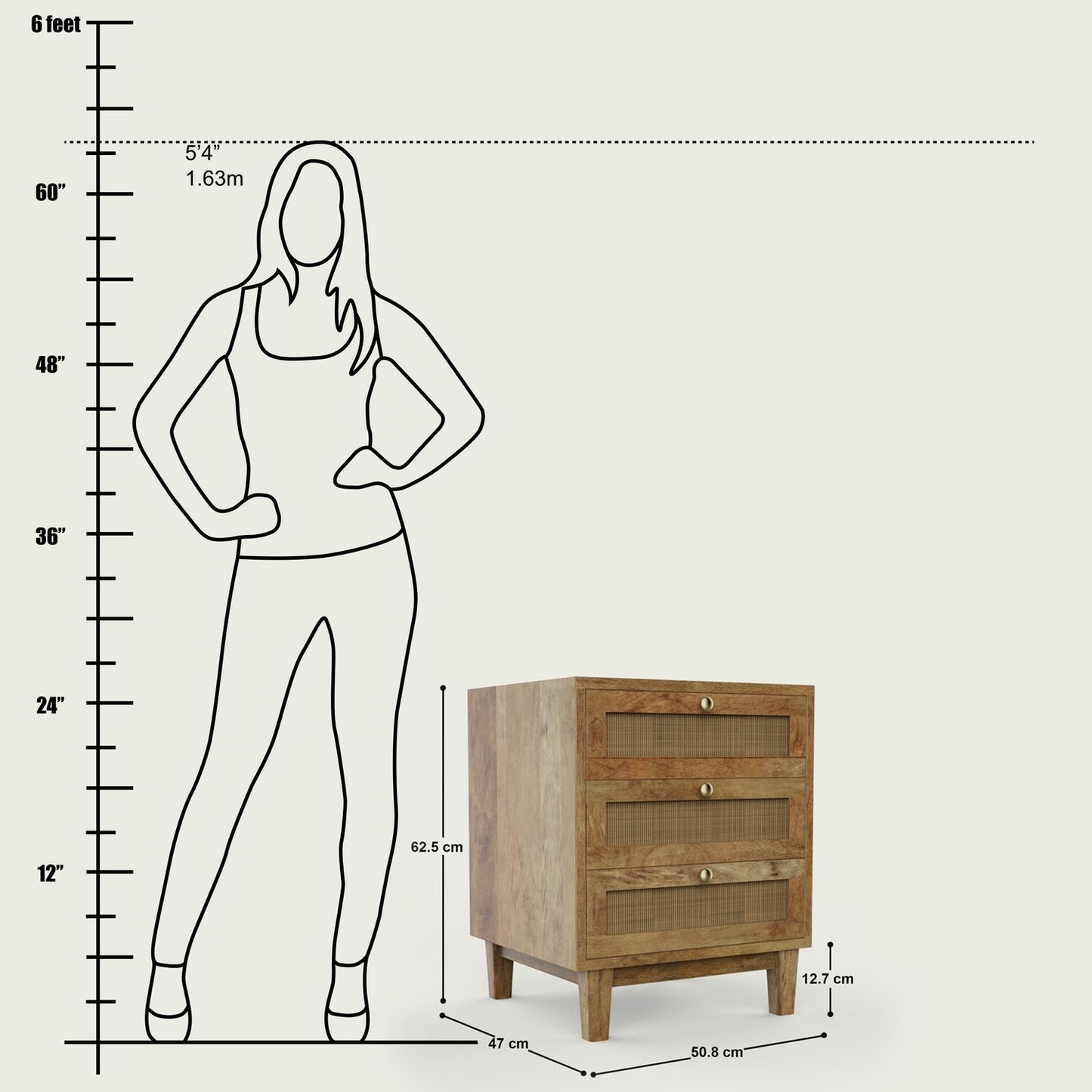 Vodrohome Solid wood rattan night stand table - three drawers bed side table night stand 47x50x62 cm S#029 - vodrohome