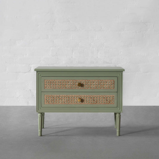 Vodrohome solid wood rattan night stand table sage green - two drawers bed side table night stand 76x41x51 cm S#033 - vodrohome