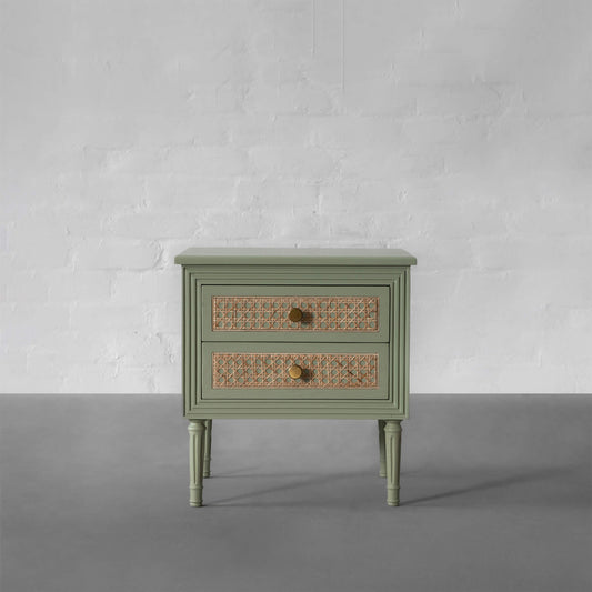 Vodrohome solid wood rattan night stand table sage green - two drawers bed side table night stand 48x41x51 cm S#034 - vodrohome