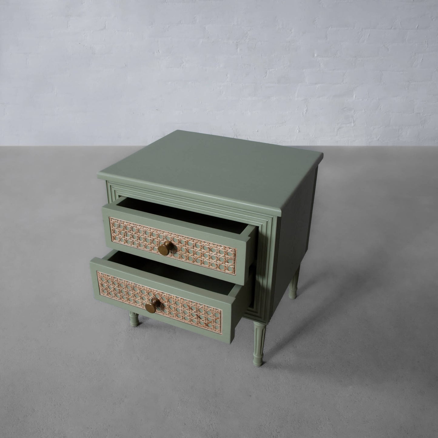 Vodrohome solid wood rattan night stand table sage green - two drawers bed side table night stand 48x41x51 cm S#034 - vodrohome