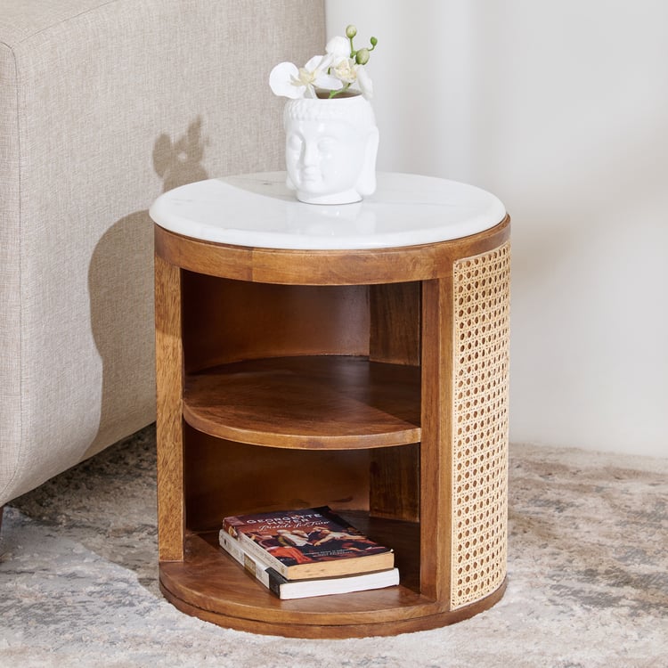 Vodrohome solid wood rattan side table with marble top – cane bedsite with open shelf – rattan cane round end table 40x40x45 cm S#036 - vodrohome