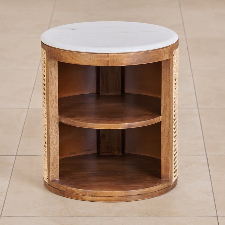 Vodrohome solid wood rattan side table with marble top – cane bedsite with open shelf – rattan cane round end table 40x40x45 cm S#036 - vodrohome