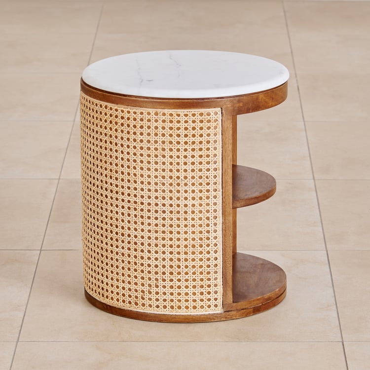 Vodrohome solid wood rattan side table with marble top – cane bedsite with open shelf – rattan cane round end table 40x40x45 cm S#036 - vodrohome