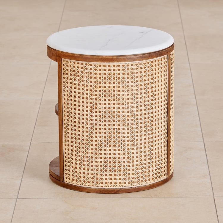 Vodrohome solid wood rattan side table with marble top – cane bedsite with open shelf – rattan cane round end table 40x40x45 cm S#036 - vodrohome