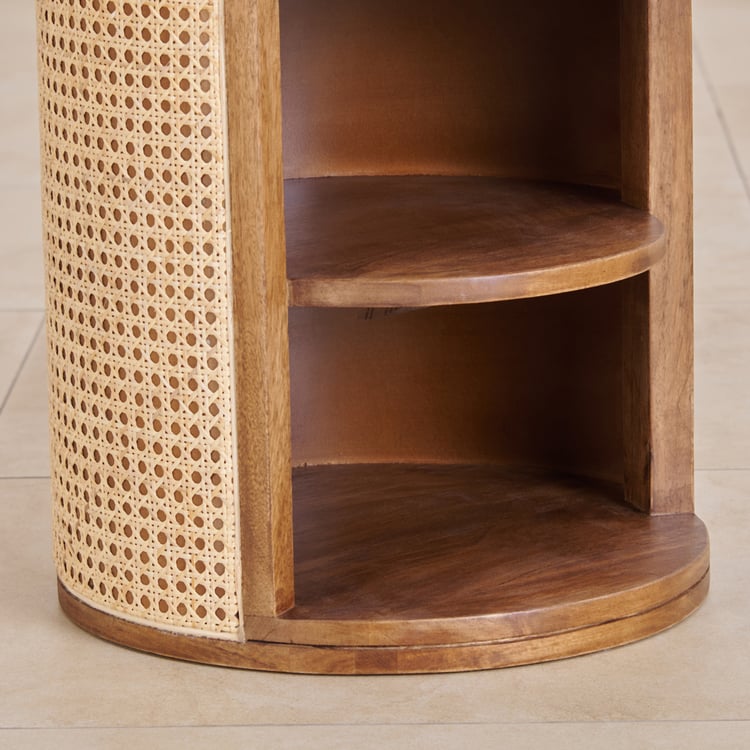 Vodrohome solid wood rattan side table with marble top – cane bedsite with open shelf – rattan cane round end table 40x40x45 cm S#036 - vodrohome