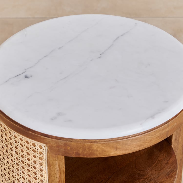 Vodrohome solid wood rattan side table with marble top – cane bedsite with open shelf – rattan cane round end table 40x40x45 cm S#036 - vodrohome