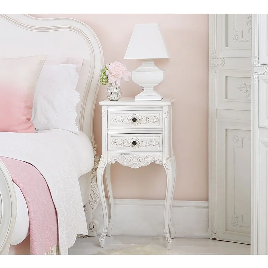 Vodrohome Craved Bedside Table with Two Drawers – French style night stand - white side table for bedroom S#038 - vodrohome