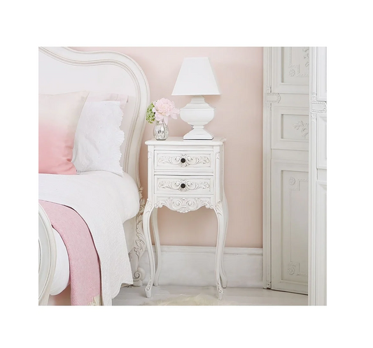 Vodrohome Craved Bedside Table with Two Drawers – French style night stand - white side table for bedroom S#038 - vodrohome