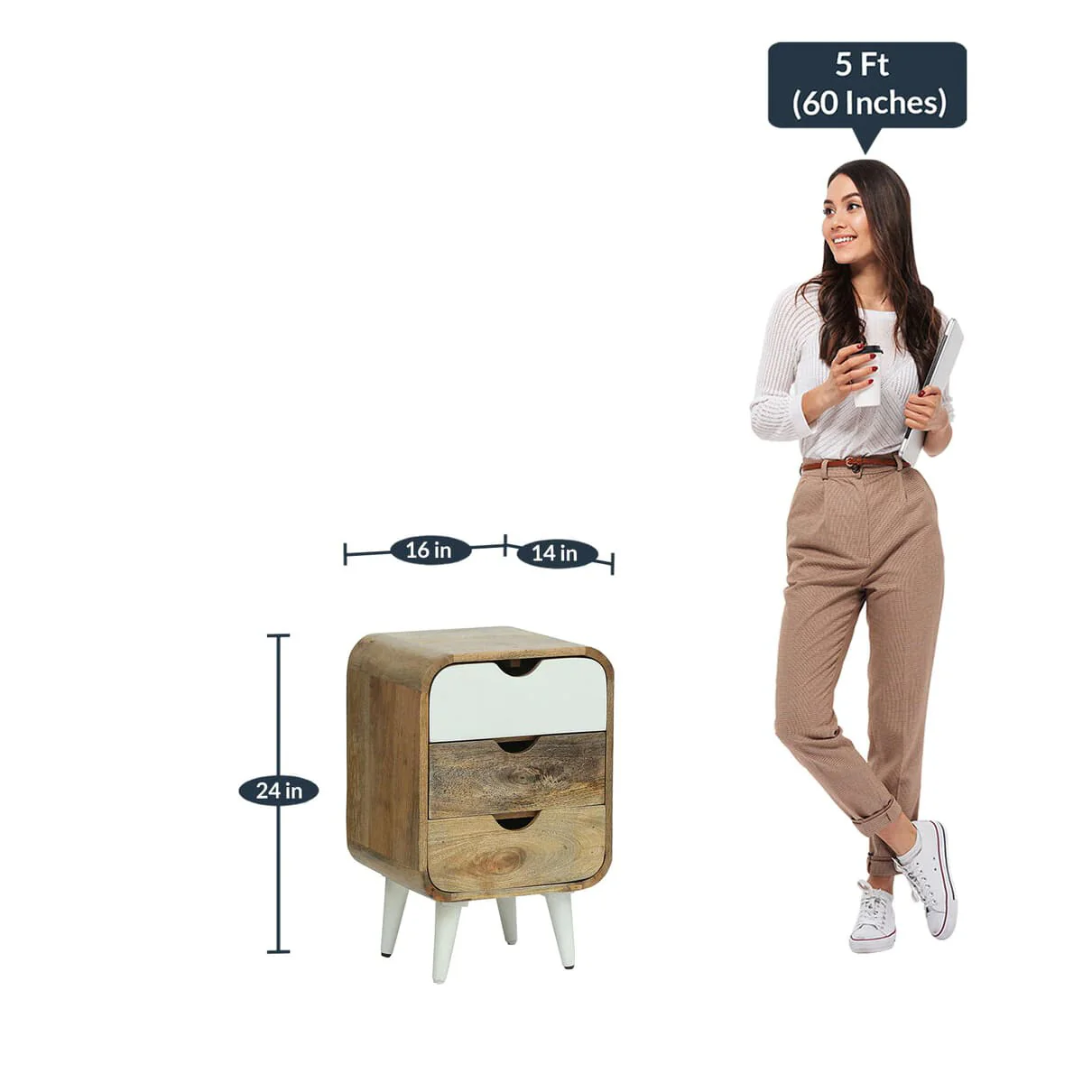 Vodrohome solid wood mango wood bedside table – sea side bedside night stand with three drawer end table 41x35.5x61 cm S#040