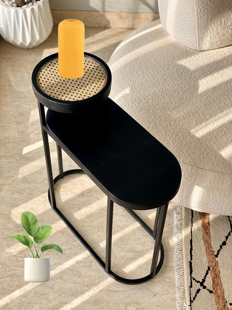 Vodrohome charcoal rattan cane side table with glass top and shelf – bohemian solid mango wood cane iron sofa side end two tier table office and living room S#046