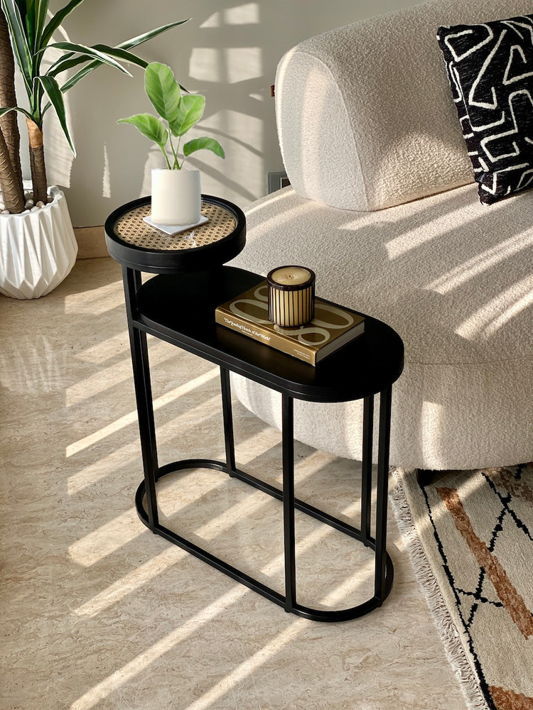 Vodrohome charcoal rattan cane side table with glass top and shelf – bohemian solid mango wood cane iron sofa side end two tier table office and living room S#046
