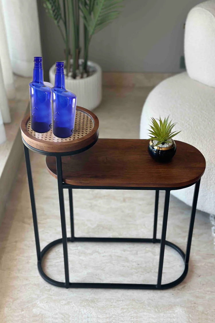 Vodrohome charcoal rattan cane side table with glass top and shelf – bohemian solid mango wood cane iron sofa side end two tier table office and living room S#046