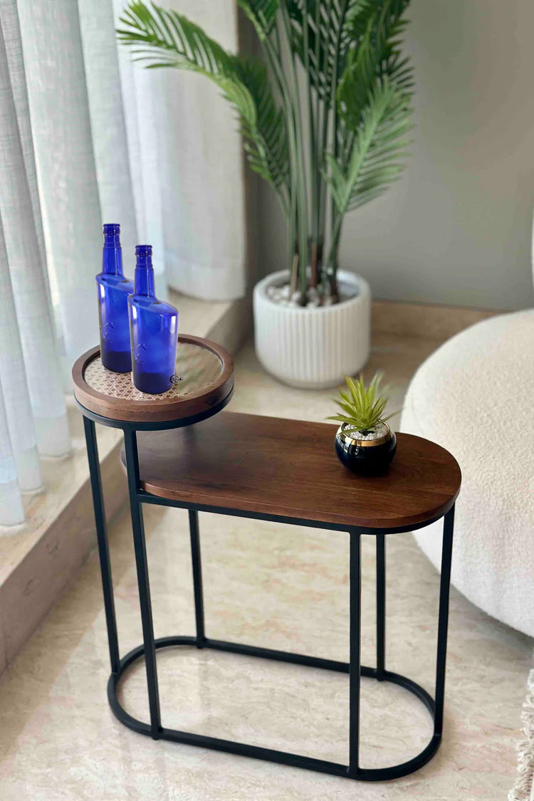 Vodrohome charcoal rattan cane side table with glass top and shelf – bohemian solid mango wood cane iron sofa side end two tier table office and living room S#046