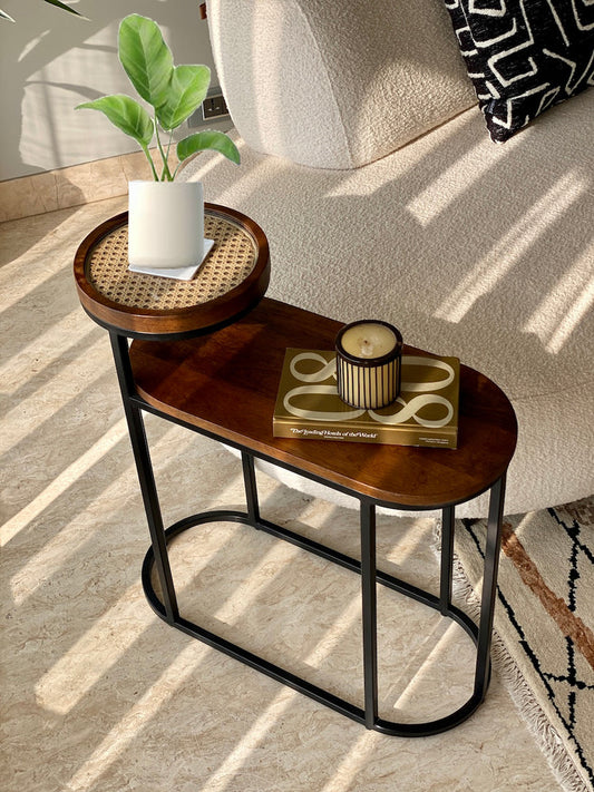 Vodrohome charcoal rattan cane side table with glass top and shelf – bohemian solid mango wood cane iron sofa side end two tier table office and living room S#046