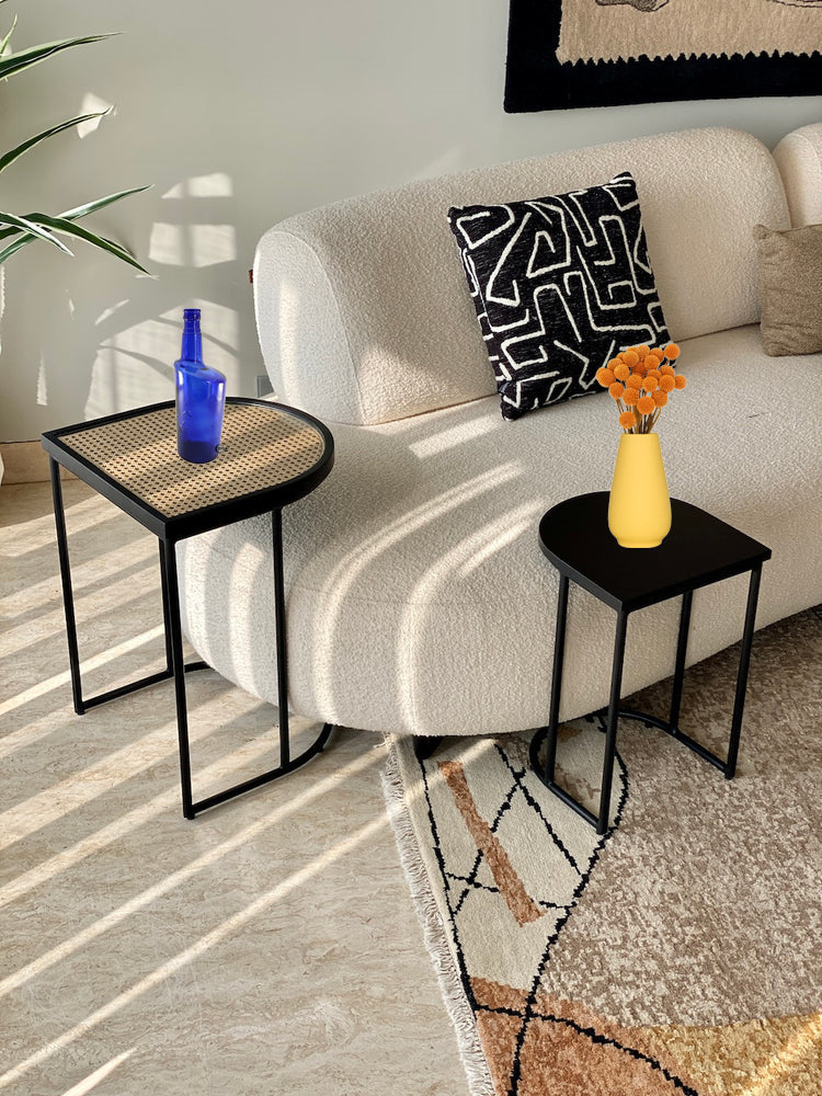 Vodrohome charcoal rattan cane side table with glass top – bohemian solid mango wood cane iron sofa side end table – wood and cane nesting table S#047