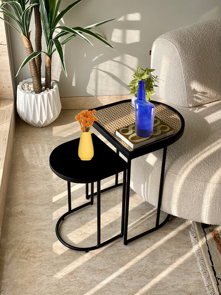 Vodrohome charcoal rattan cane side table with glass top – bohemian solid mango wood cane iron sofa side end table – wood and cane nesting table S#047