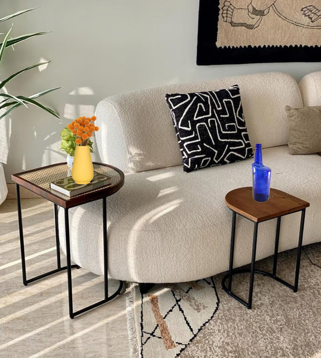Vodrohome charcoal rattan cane side table with glass top – bohemian solid mango wood cane iron sofa side end table – wood and cane nesting table S#047