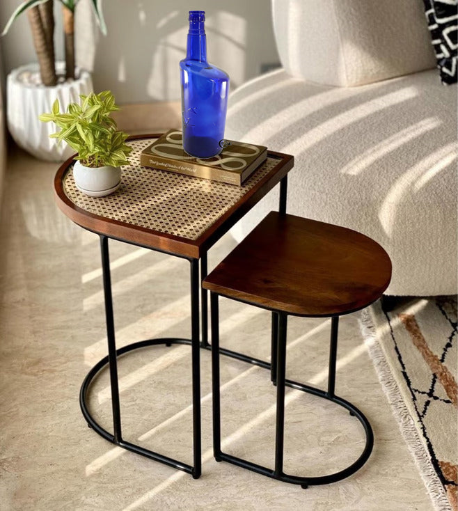 Vodrohome charcoal rattan cane side table with glass top – bohemian solid mango wood cane iron sofa side end table – wood and cane nesting table S#047