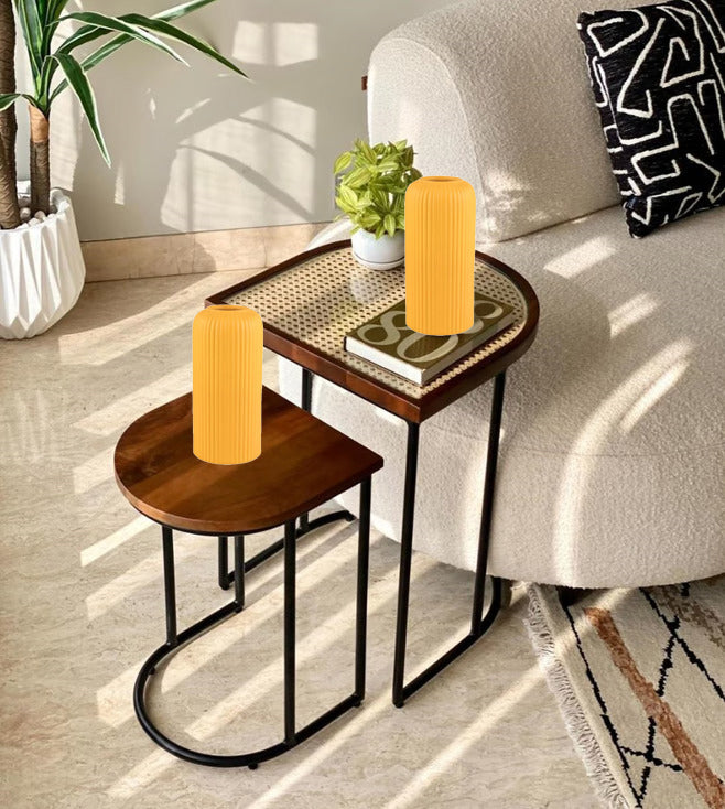 Vodrohome charcoal rattan cane side table with glass top – bohemian solid mango wood cane iron sofa side end table – wood and cane nesting table S#047