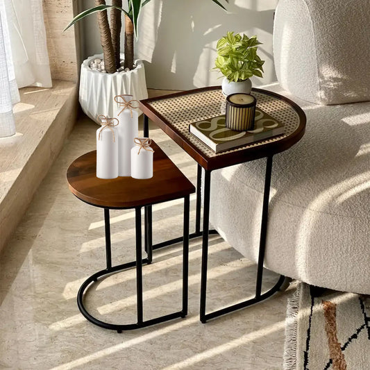 Vodrohome charcoal rattan cane side table with glass top – bohemian solid mango wood cane iron sofa side end table – wood and cane nesting table S#047