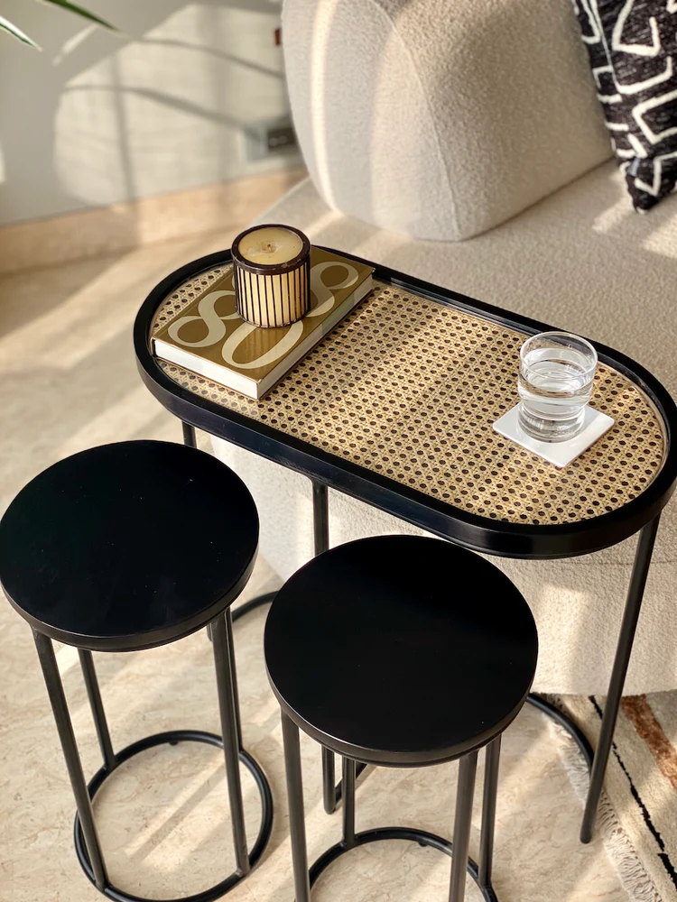 Vodrohome charcoal rattan cane side table with glass top – end table - set of three side table – wood and cane nesting table S#048