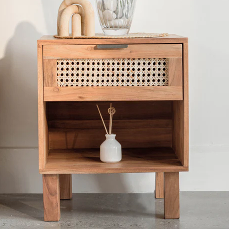 Vodrohome Acacia wood bedside table with 1 drawers and an open compartment –modern style night stand 45x40x55 cm S#052