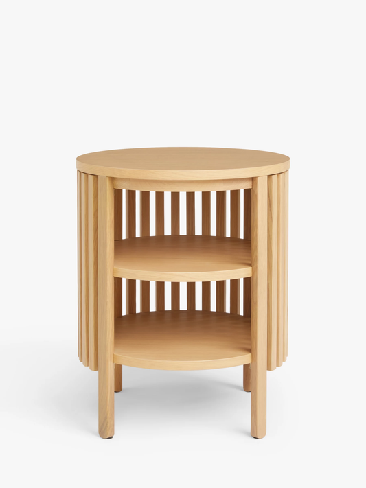 Vodrohome solid wood slatted side table with natural deco –bedsite with open shelf round end table 45x45x55 cm S#054