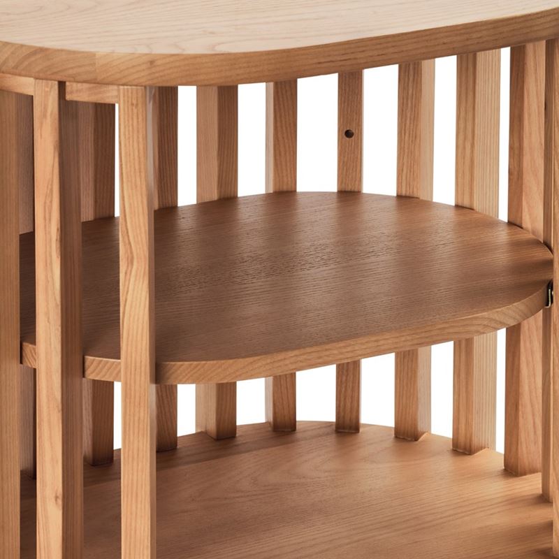 Vodrohome solid wood slatted side table with natural –bedsite with open shelf round end table 48x35x50 cm S#055