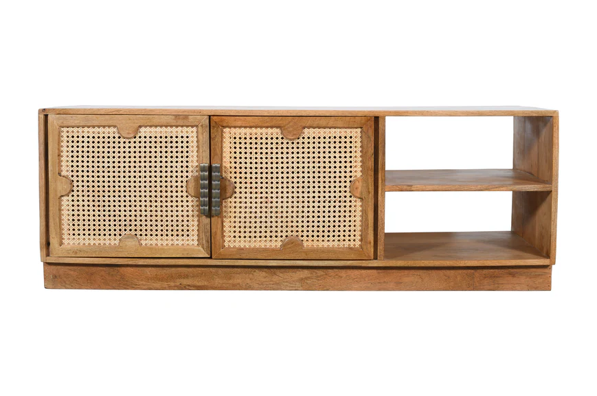 Vodrohome tv unit cabinet with slatted door compartment natural – solid mango wood tvc – tv consol table with set up box shelf 120 x 35 x 52 cm TV#016 - vodrohome