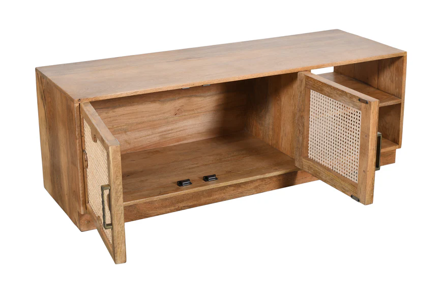 Vodrohome tv unit cabinet with slatted door compartment natural – solid mango wood tvc – tv consol table with set up box shelf 120 x 35 x 52 cm TV#016 - vodrohome