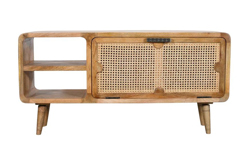Vodrohome tv unit cabinet with slatted door compartment natural – solid mango wood tvc – tv consol table with set up box shelf 120 x 35 x 52 cm TV#016 - vodrohome