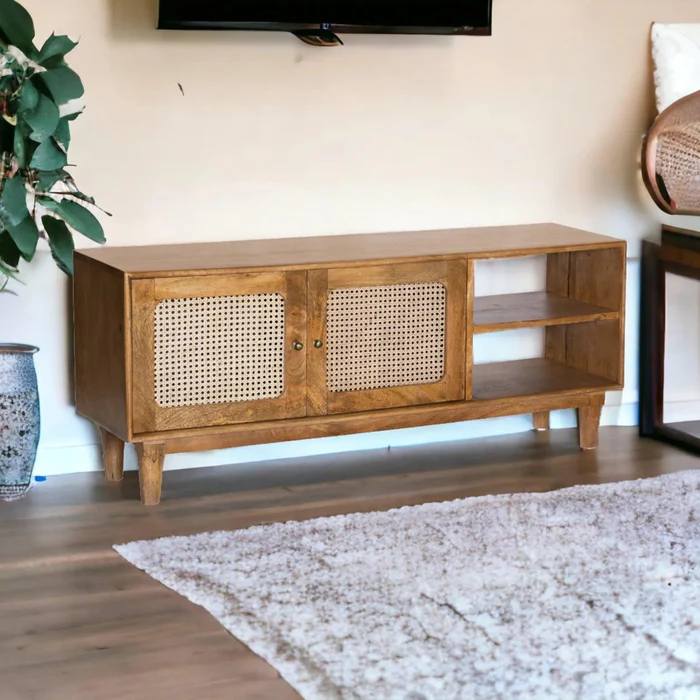 Vodrohome tv unit cabinet with slatted door compartment natural – solid mango wood tvc – tv consol table with set up box shelf 120 x 35 x 52 cm TV#016 - vodrohome