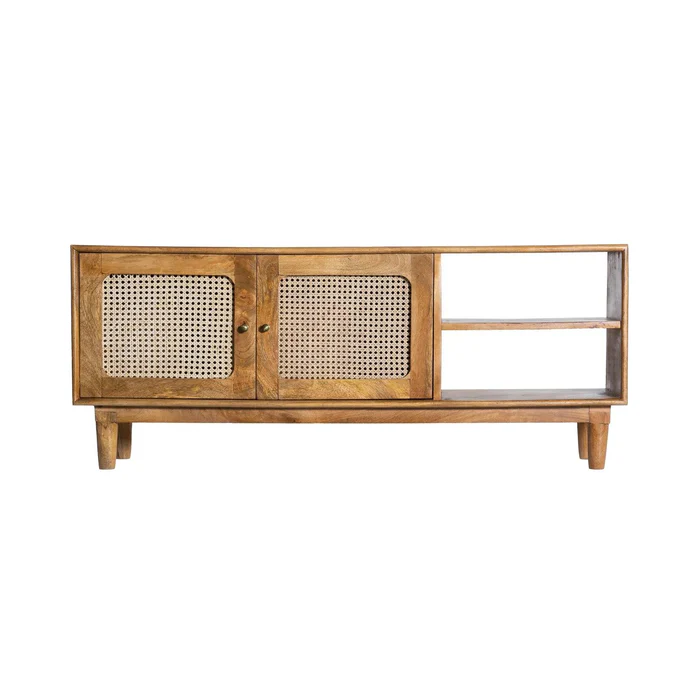 Vodrohome tv unit cabinet with slatted door compartment natural – solid mango wood tvc – tv consol table with set up box shelf 120 x 35 x 52 cm TV#016 - vodrohome