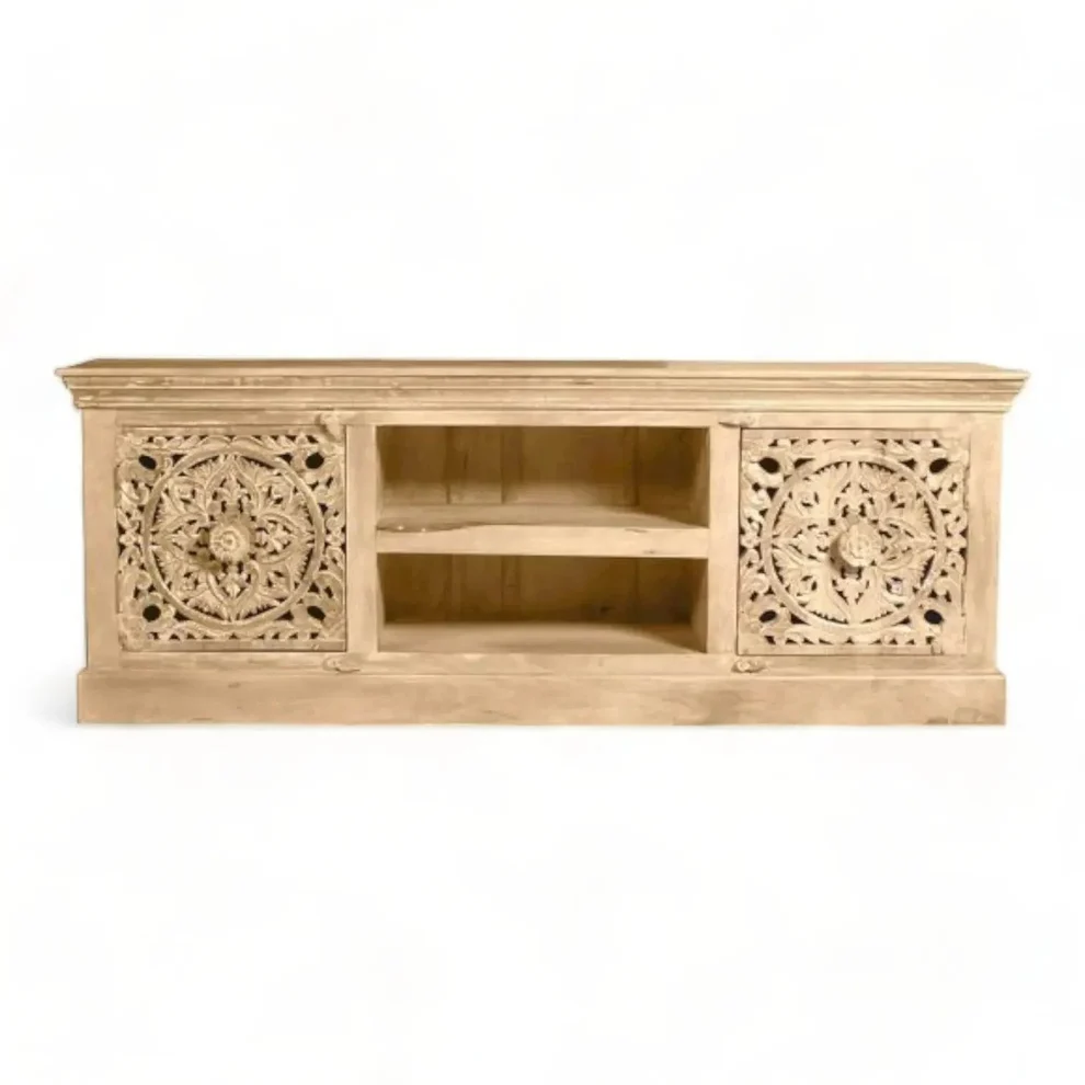 Vodrohome Luxurious tv unit cabinet – entertainment unit - solid mango wood carved tvc – tv consol table with set up box shelf classic style 183x38x61 cm TV#019 - vodrohome