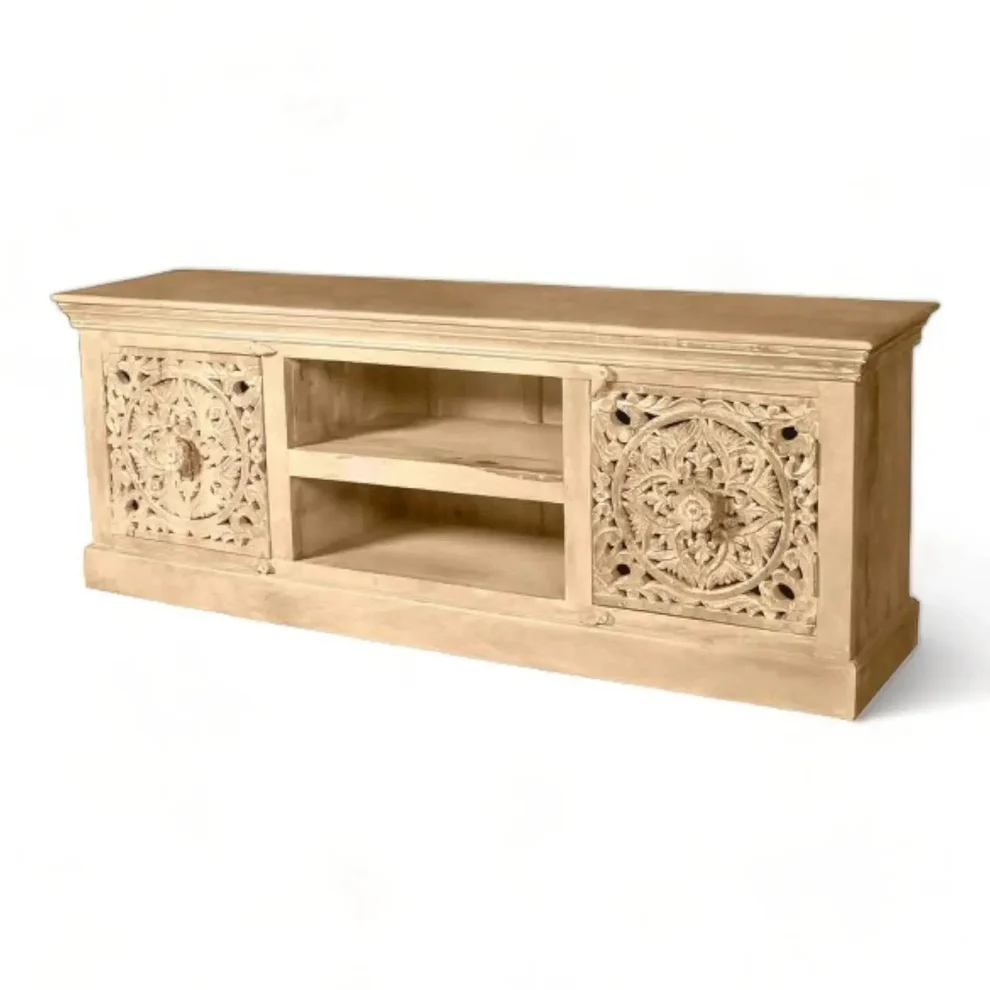 Vodrohome Luxurious tv unit cabinet – entertainment unit - solid mango wood carved tvc – tv consol table with set up box shelf classic style 183x38x61 cm TV#019 - vodrohome