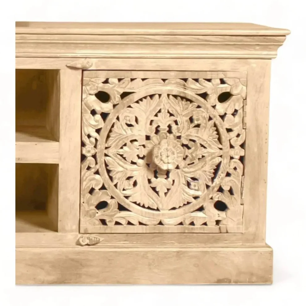 Vodrohome Luxurious tv unit cabinet – entertainment unit - solid mango wood carved tvc – tv consol table with set up box shelf classic style 183x38x61 cm TV#019 - vodrohome