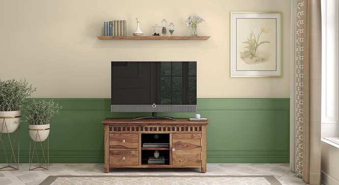 Vodrohome tv unit cabinet with slatted door compartment walnut – solid sheesham wood tvc – tv consol table with set up box shelf 113 x 45 x 53 cm TV#021 - vodrohome