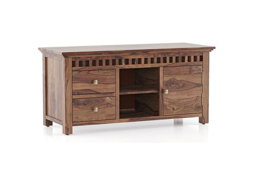 Vodrohome tv unit cabinet with slatted door compartment walnut – solid sheesham wood tvc – tv consol table with set up box shelf 113 x 45 x 53 cm TV#021 - vodrohome