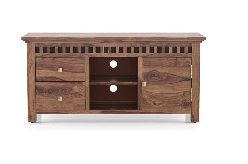 Vodrohome tv unit cabinet with slatted door compartment walnut – solid sheesham wood tvc – tv consol table with set up box shelf 113 x 45 x 53 cm TV#021 - vodrohome