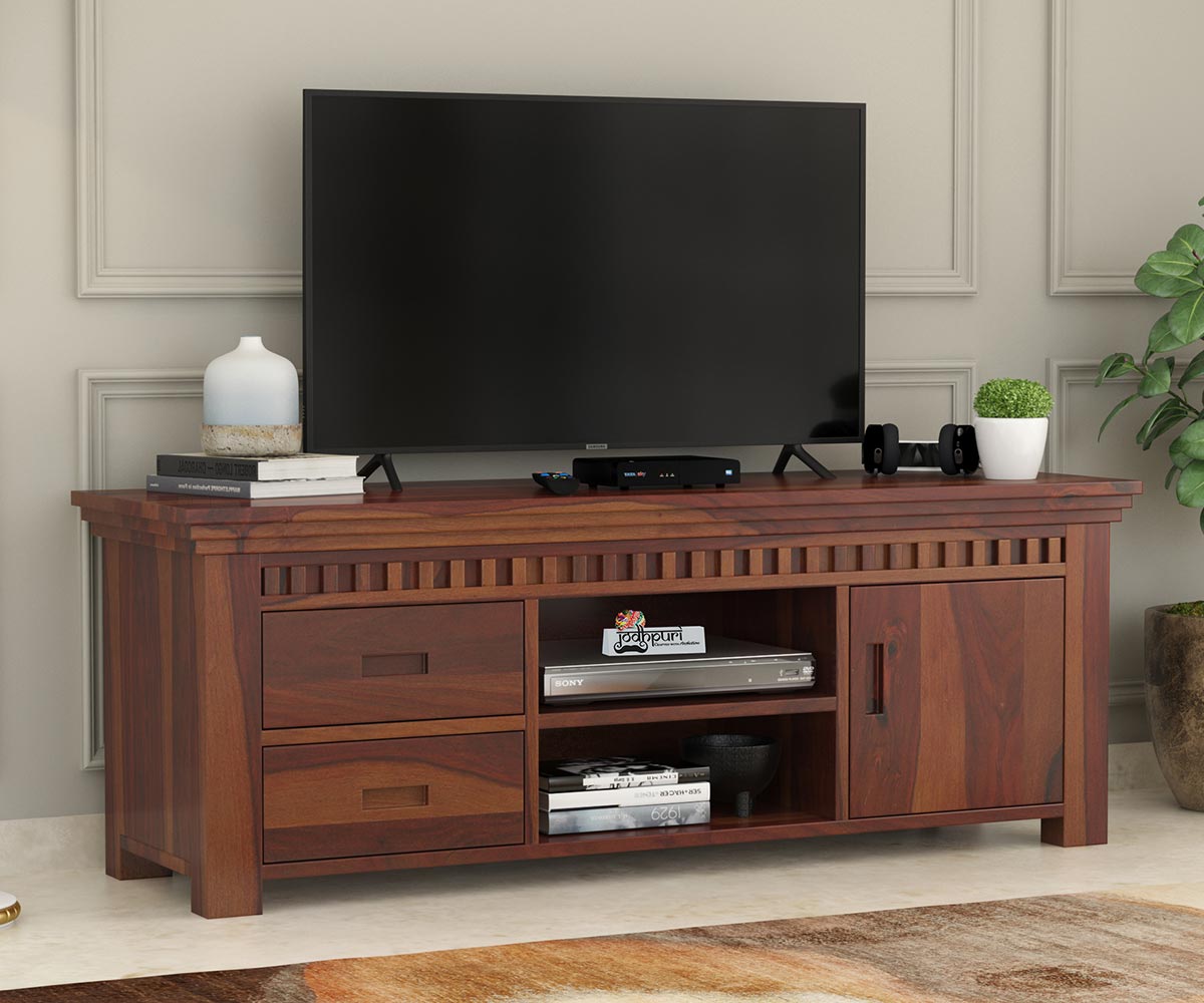 Vodrohome jodhpur tv unit cabinet with slatted door compartment– solid sheesham wood tvc – tv consol table with set up box shelf 147 x 45 x 53 cm TV#022 - vodrohome