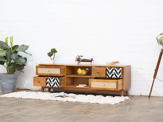 Vodrohome Rattan cane tv unit cabinet – solid mango wood TV unit with six drawers 160x35x50 cm TV#002 - vodrohome