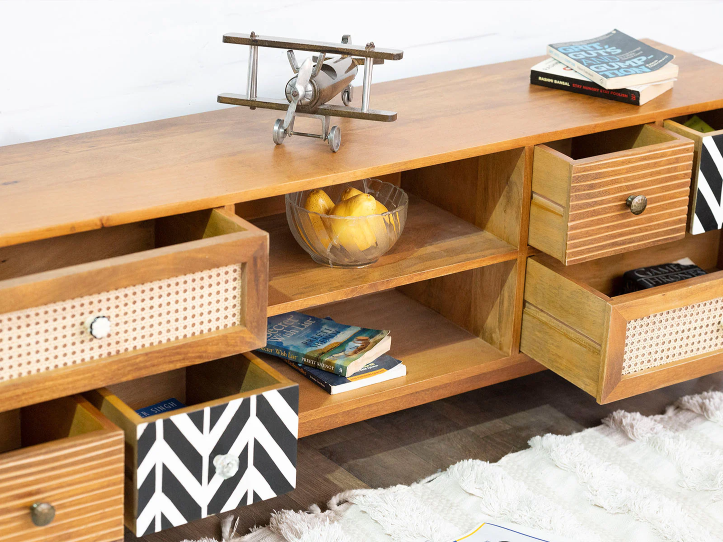 Vodrohome Rattan cane tv unit cabinet – solid mango wood TV unit with six drawers 160x35x50 cm TV#002 - vodrohome