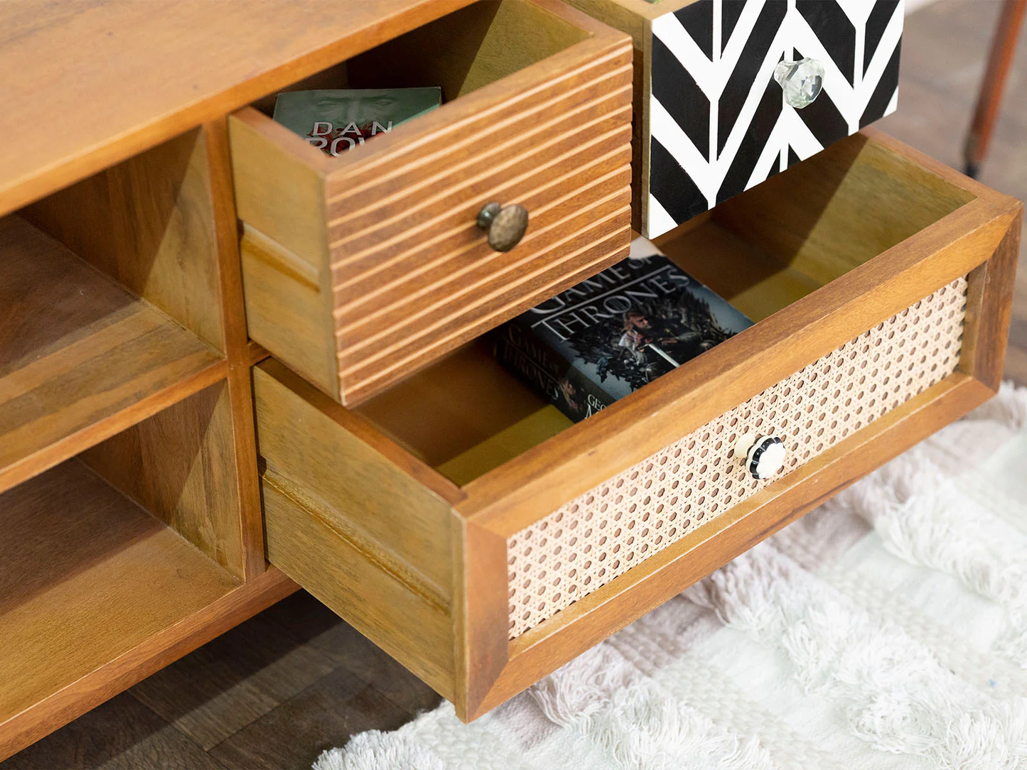 Vodrohome Rattan cane tv unit cabinet – solid mango wood TV unit with six drawers 160x35x50 cm TV#002 - vodrohome