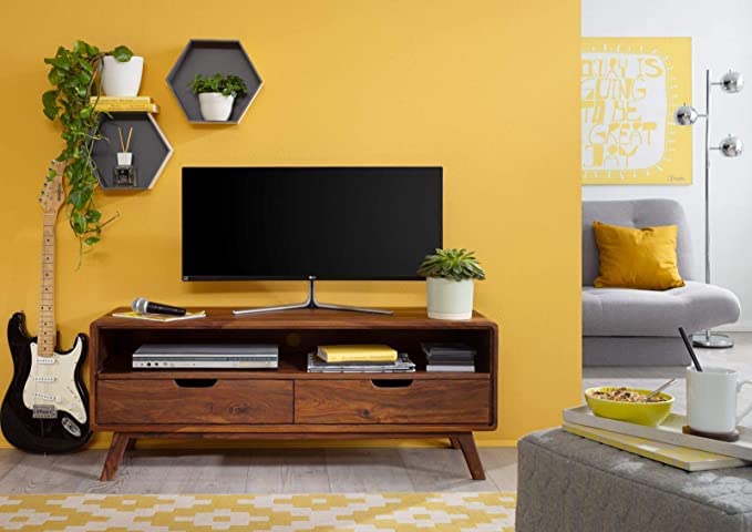 Vodrohome modern tv unit cabinet with two drawer and set up box shelf – solid sheesham wood tvc in honey finish 120x40x50 cm TV#003 - vodrohome