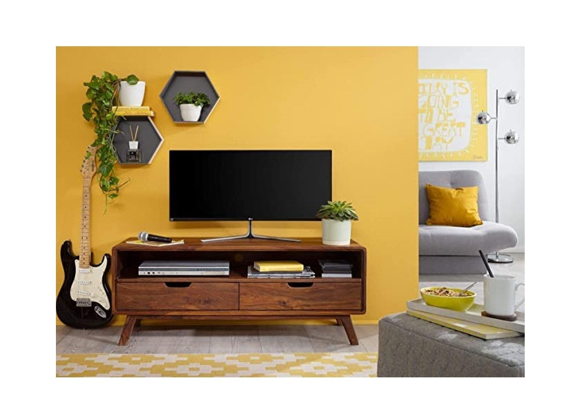 Vodrohome modern tv unit cabinet with two drawer and set up box shelf – solid sheesham wood tvc in honey finish 120x40x50 cm TV#003 - vodrohome