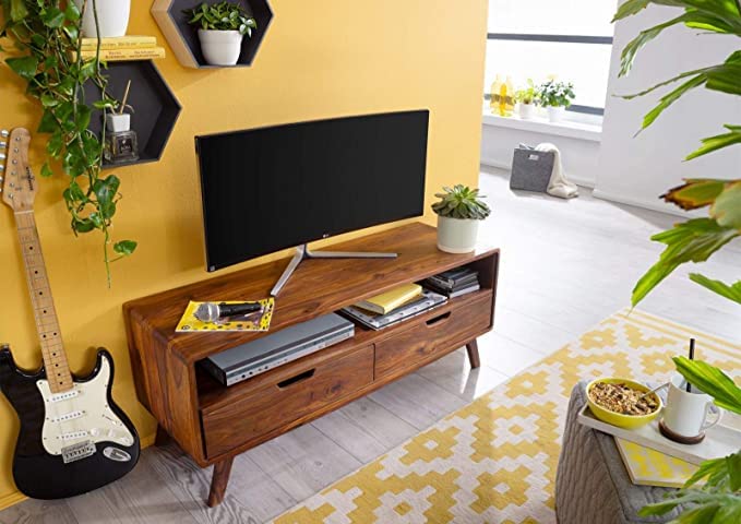 Vodrohome modern tv unit cabinet with two drawer and set up box shelf – solid sheesham wood tvc in honey finish 120x40x50 cm TV#003 - vodrohome